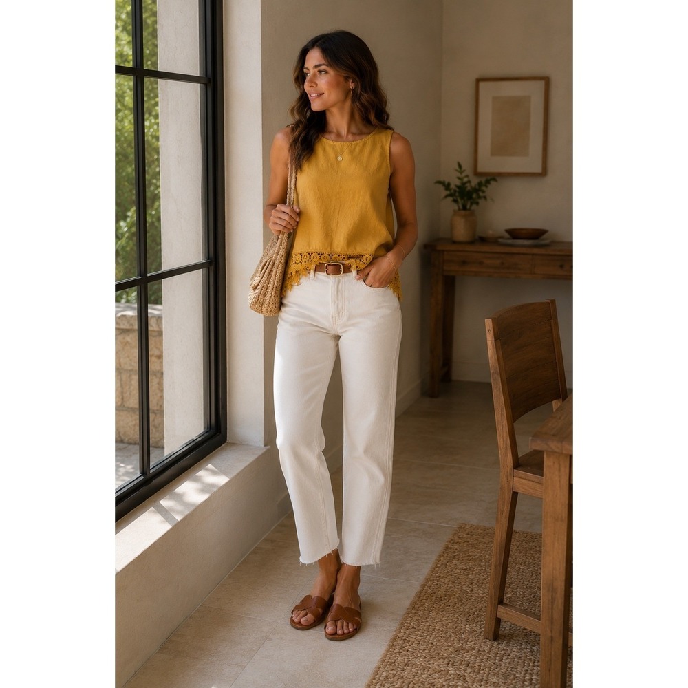 Vici Mustard Yellow Linen Blend Crochet Hem Sleeveless Women Top Cottagecore